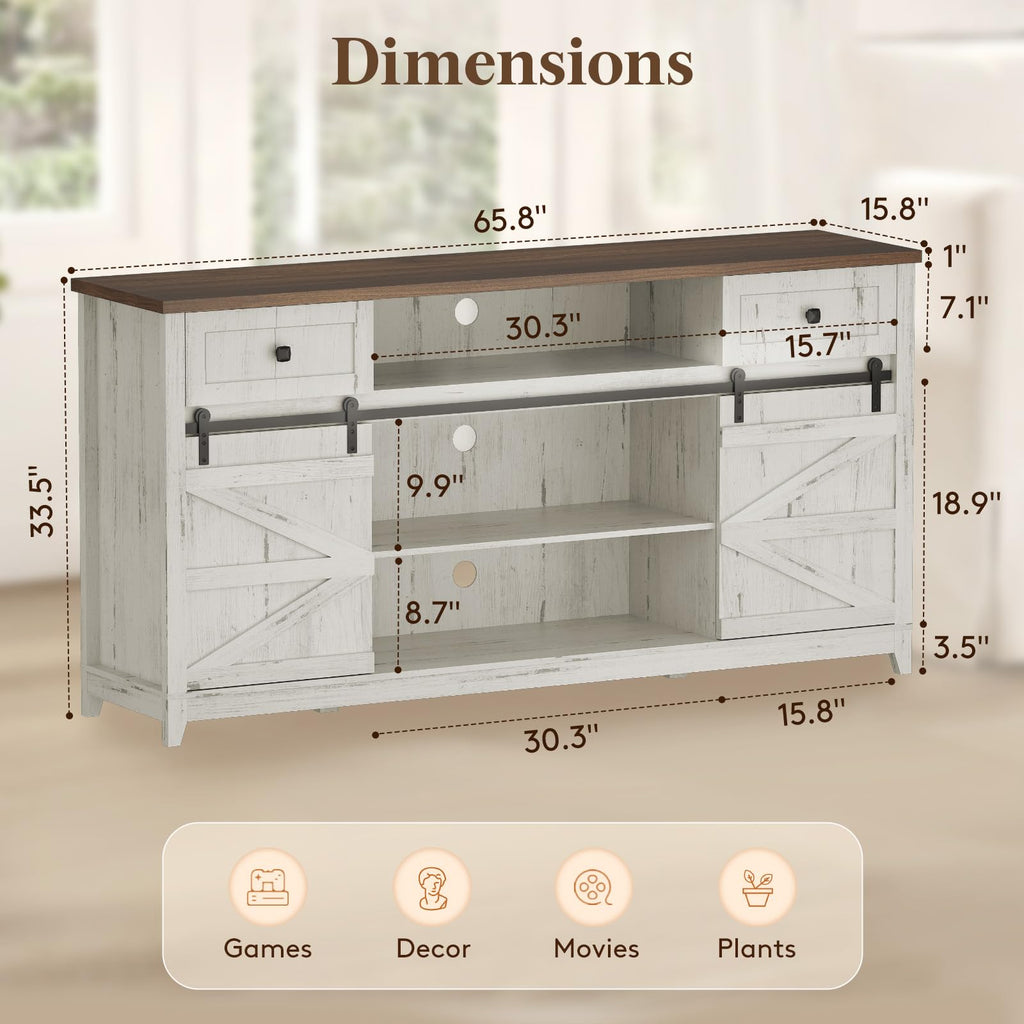 Farmhouse TV Stand for up to 75" TV, Entertainment Center with Adjustable Shelves, Sliding Barn Door and Open Storage