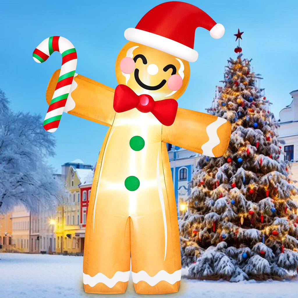8FT Tall Giant Gingerbread Inflatable Christmas Decorations Outdoor Candy Cane, Built-in LED Lights Funny Ginger