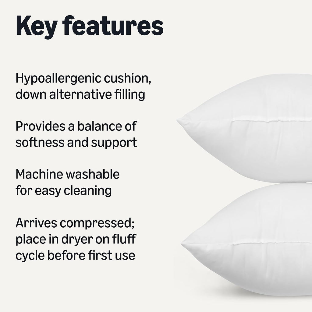 Square Hypoallergenic Down Alternative Pillow Insert, Machine Washable, Softness and Support, 20 inch, 2-Pack - Set of 2