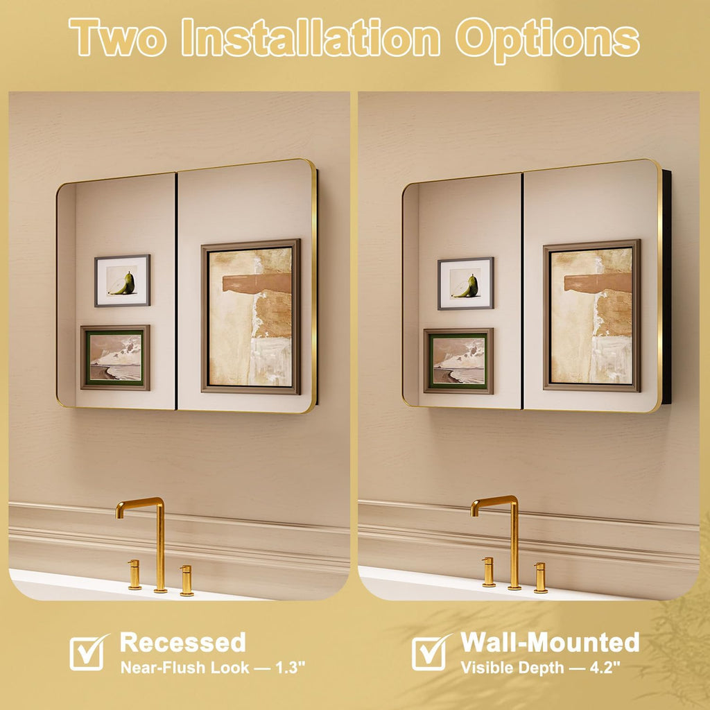 32x24 in Brushed Gold Double Door Medicine Cabinet with Mirror | Fully Assembled; Recessed or Surface Wall Mount;