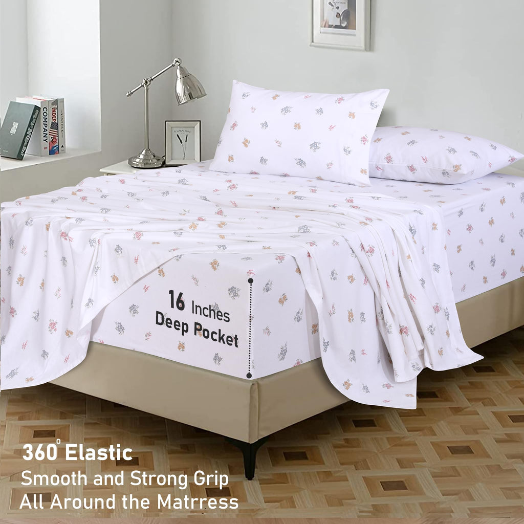 100% Organic Cotton Flannel Sheets Queen Size Bed Set, Floral