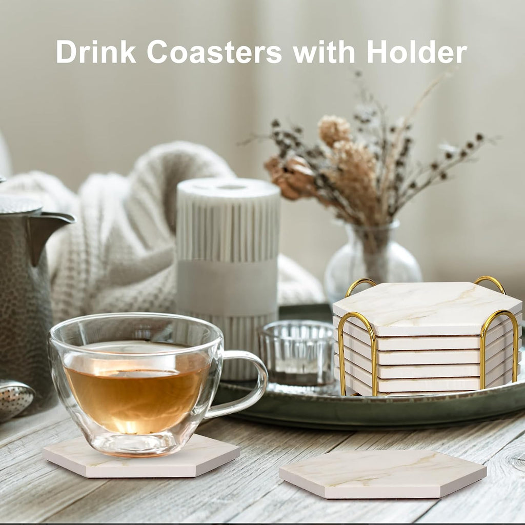 White Marble Coaster Set with Holder Hexagon Ceramic Coasters Absorbent Coasters Drink Coasters Set for Coffee - Set of 6
