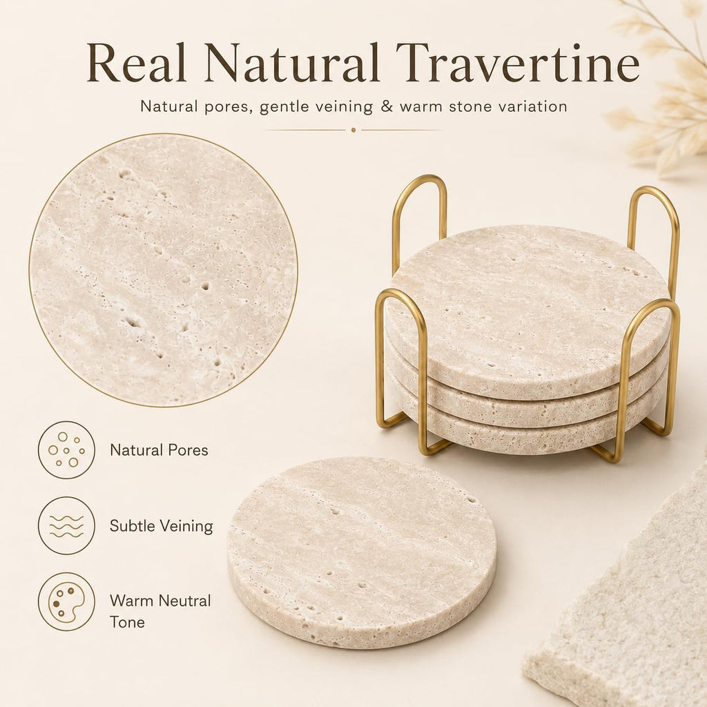 Travertine Coasters with Gold Holder Natural Stone, Cork Backing - Set of 4