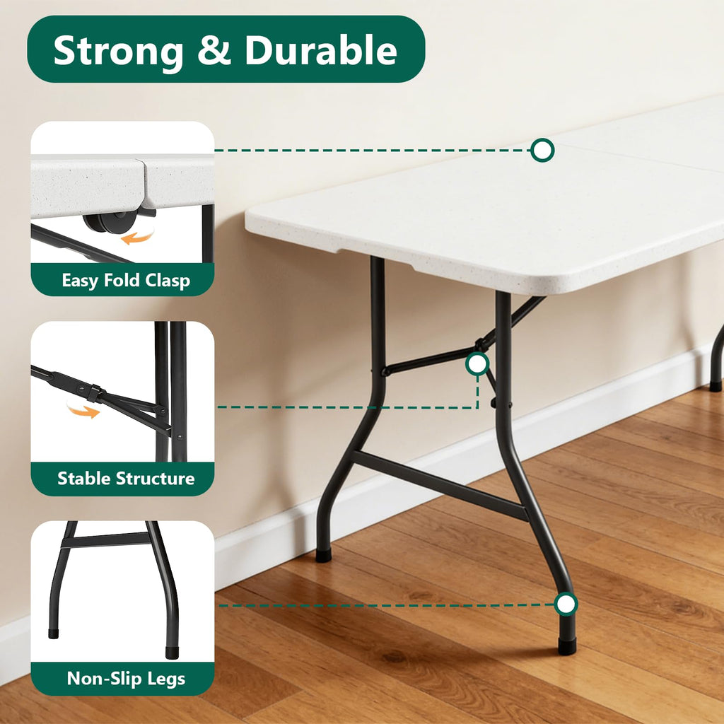 Folding Table 1 Pack, 6FT Folding Table Portable with Built-in Handle, Heavy Duty Plastic Table with Steel Legs