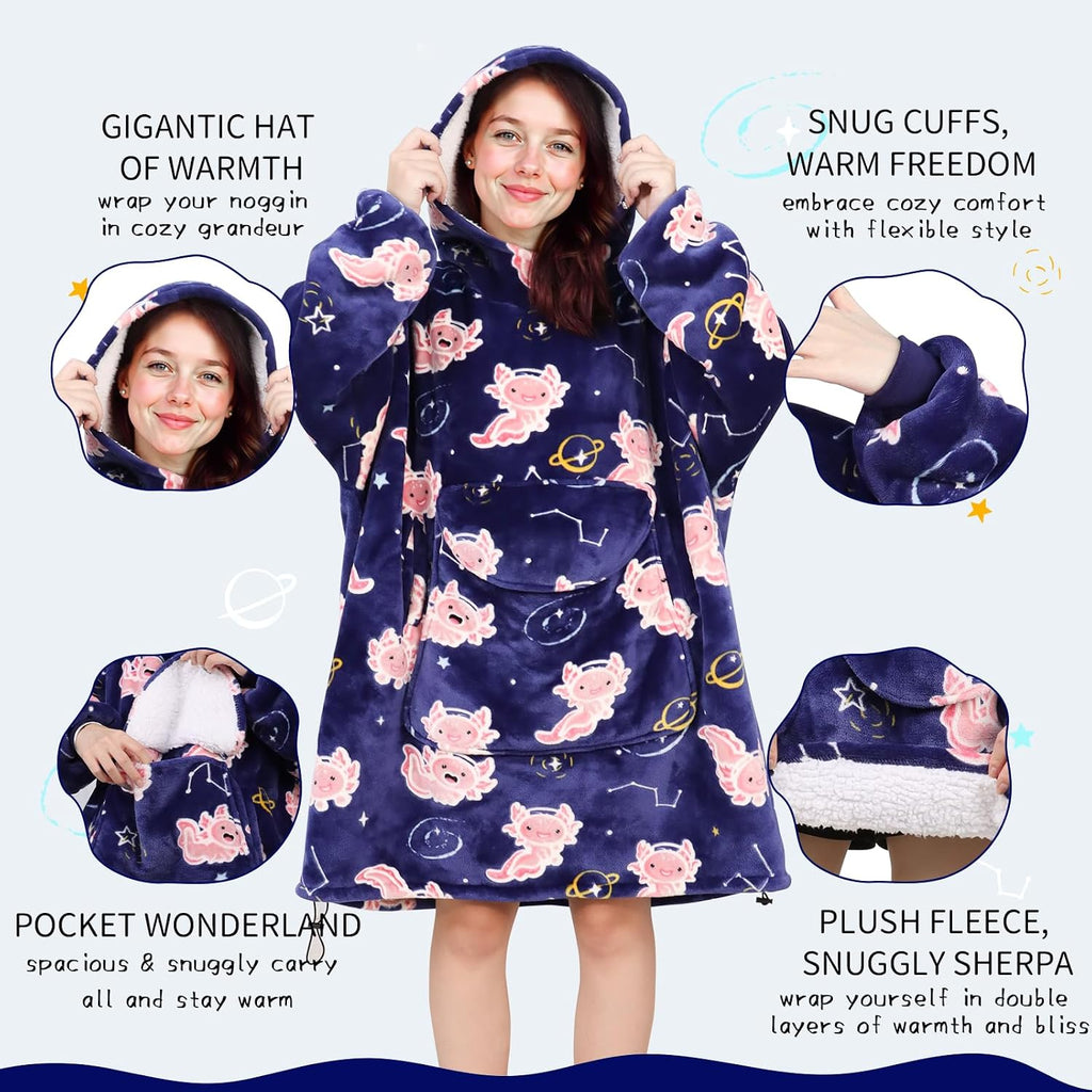 Adult Wearable Blanket Hoodie - Axolotl Wearable Blanket Sweatshirt for Women or Men, Warm & Cozy Plush Fleece