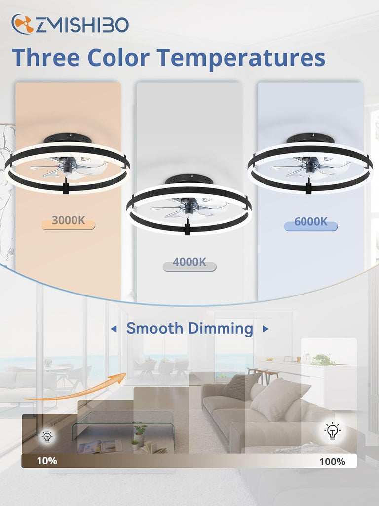 Ceiling Fans with Lights and Remote, 19.7'' Low Profile Ceiling Fan, 3000-6000K Dimmable Modern Flush Mount LED Fan Light, 6 Wind Speeds, Black Fandelier Ceiling Fans for Bedroom A101-B0DBHGKLLQ