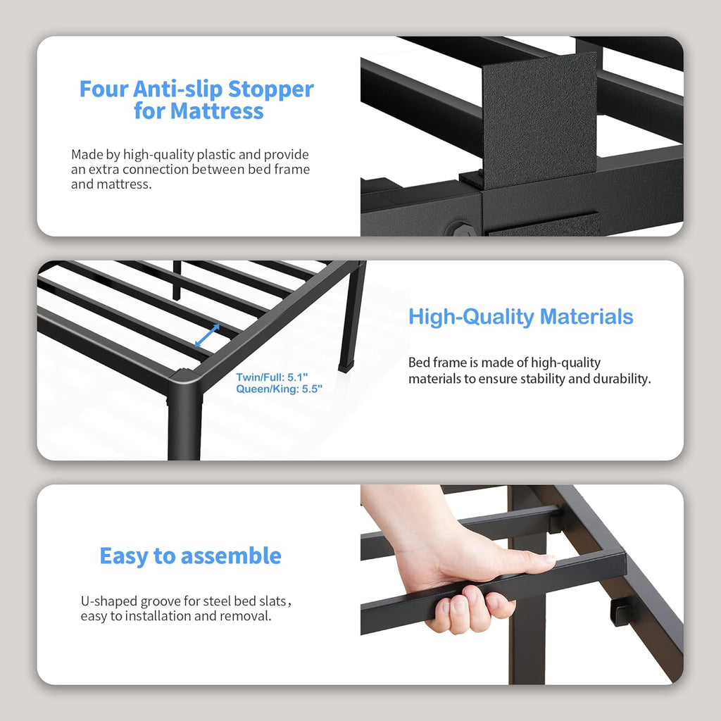 14 inch Metal Queen Bed Frame with Rounded Corner and Headboard Hole Mattress Retainers 3500LBS Heavy Duty Steel Slats