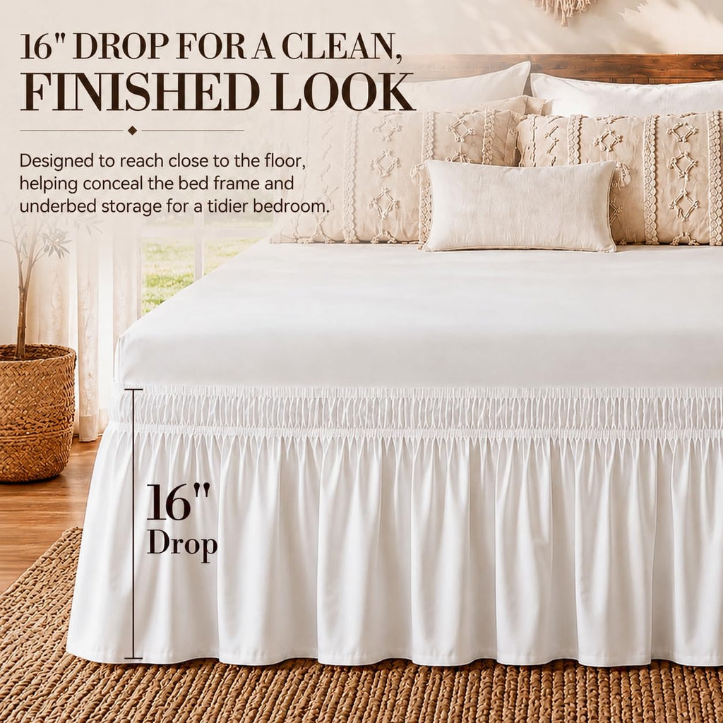 White Queen Bed Skirt 16 Inch Drop, Elastic Wrap Dust Ruffle
