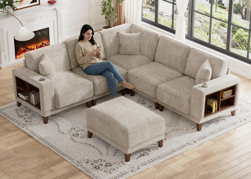 Oversized Modular Sectional Sofa, 6-Seat Deep Seat Sofa with Ottoman, USB Ports, Hidden Cup Holders, Side Storage