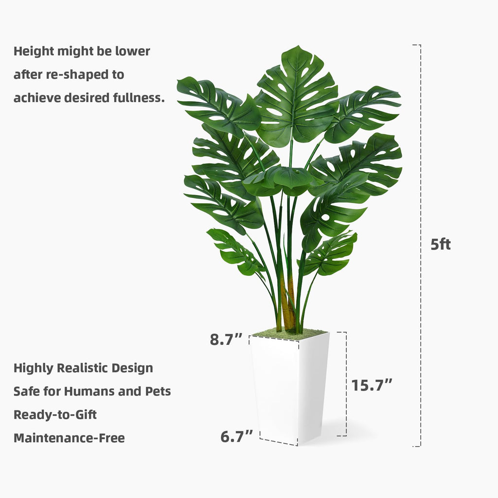 Artificial Monstera Deliciosa Plant 5FT - Faux Tropical Palm Tree with White Tall Planter - Fake Swiss Cheese Floor