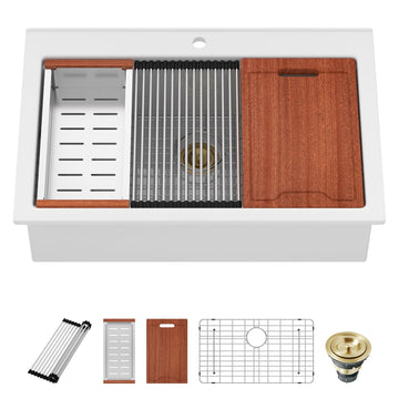 33 White Kitchen Sink Workstation Drop In Ceramic Single Bowl Sink