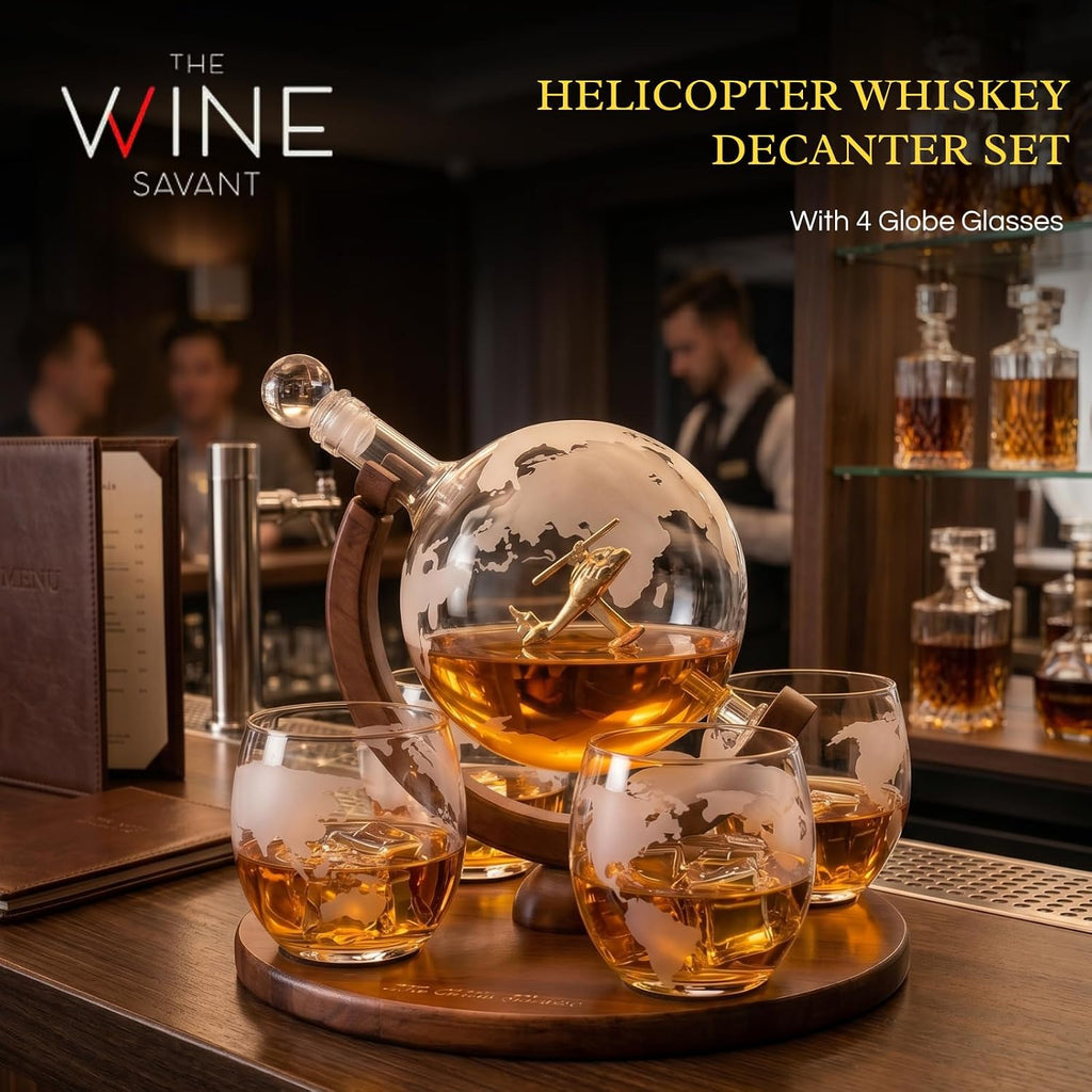 Helicopter Whiskey Decanter Set - For pilots & aviation fans. Unique globe decanter with military helicopter design.