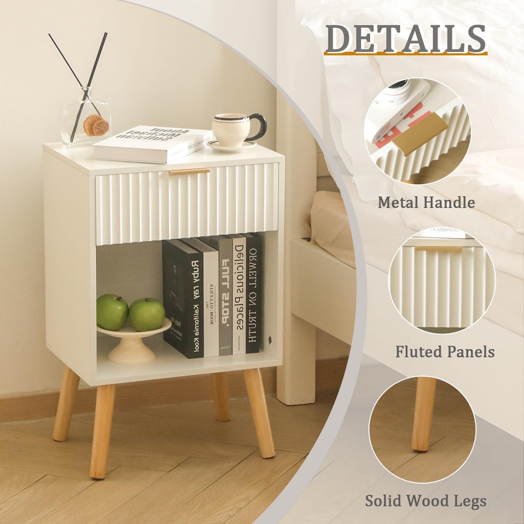 White Fluted Nightstand, Modern Bedside Table with Drawer and Shelf