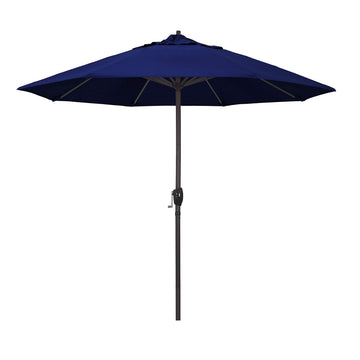 Umbrella 9' Rd Sunbrella Aluminum Patio Umbrella, Crank Lift, Auto Tilt, Bronze Pole, True Blue Fabric
