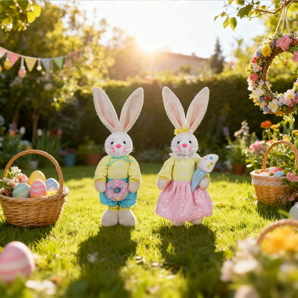 Easter Decorations Standing Bunny with Stretchable Legs, 21" to 26" White Rabbits Couple Figurine, Party Favor - Set of 2