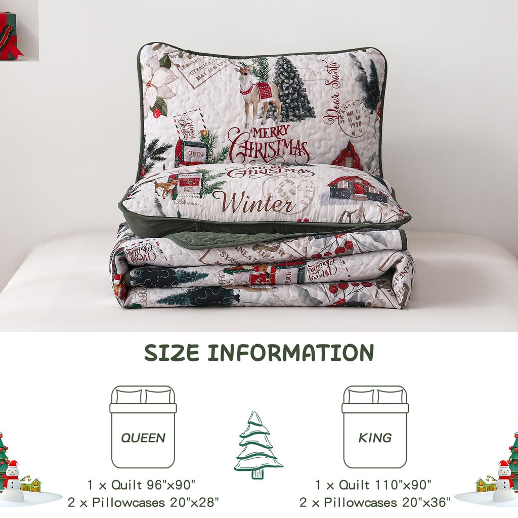 Christmas Quilt Set Queen, Xmas Tree Reindeer Christmas Bedding