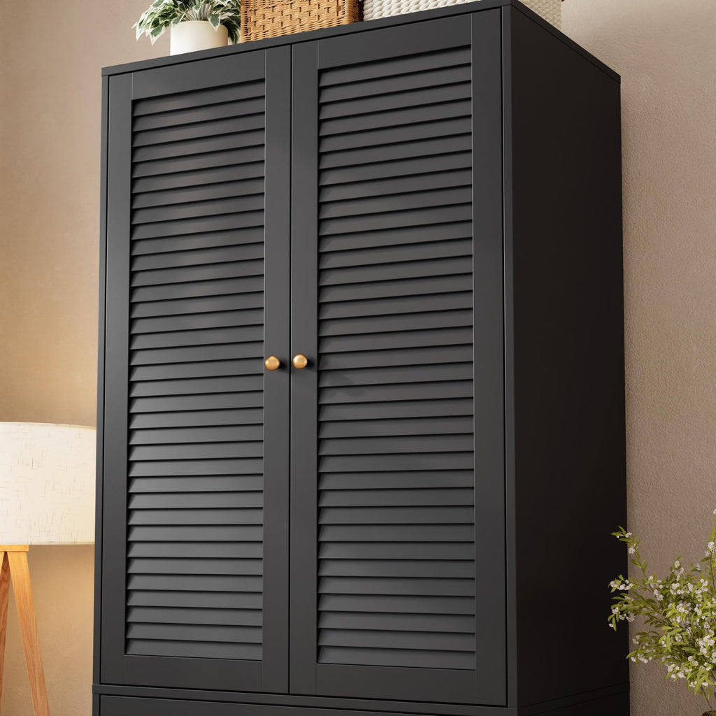 70" Wardrobe Armoire Wooden Closet with 2 Doors and 3 Drawers, Black