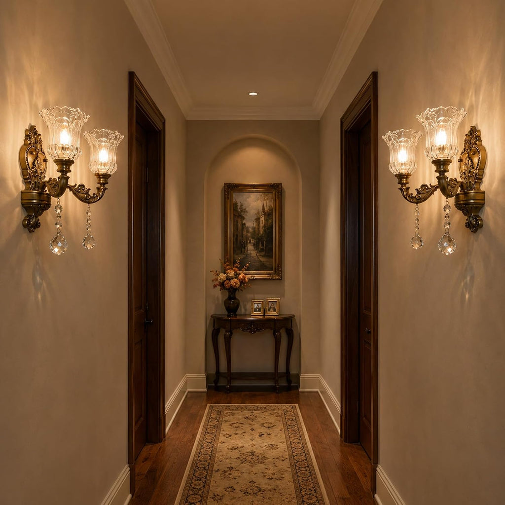 Vintage Style Crystal Sconces,2-Lights Design,3000K Warm Light | Zinc Alloy Body,K9 Crystal Pendant,Floral Glass