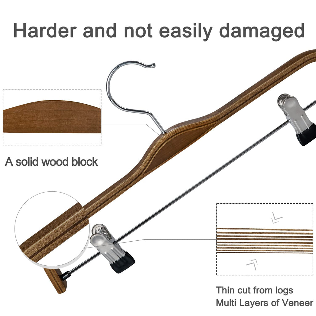 Wooden Pants Hangers, Slim Natural Wood Skirt Hangers with Anti-Rust Hook and Adjustable Metal Clips, Perfect for