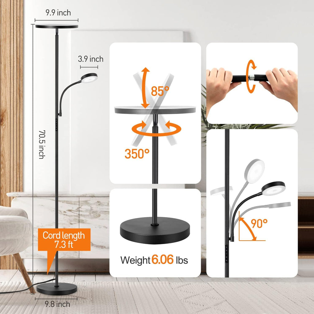 LED Floor Lamp, 27W/2400LM Modern Torchiere Lamp & 7W/ 400LM Reading Lamp