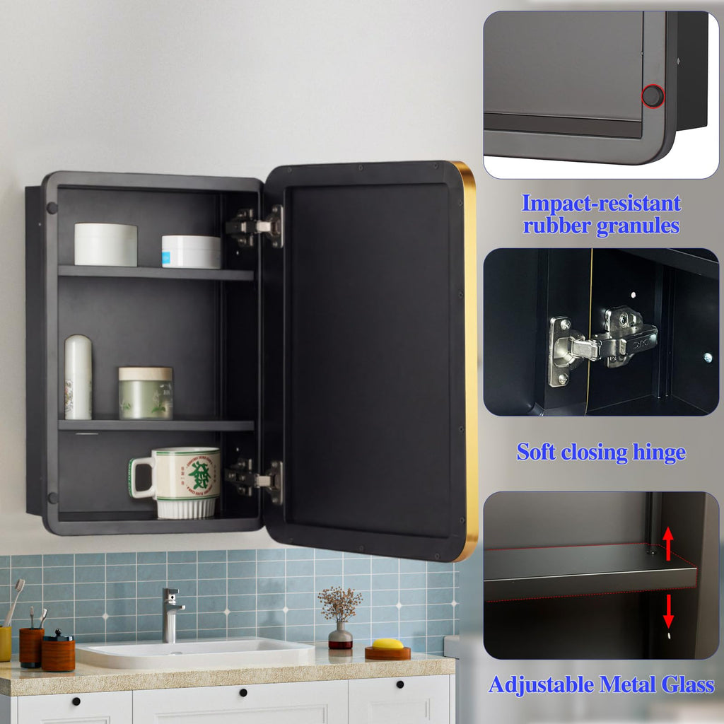 16" x 26" Bathroom Medicine Cabinet with Mirror Door, Brush Gold Stainless Steel Frame, Recessed or Surface