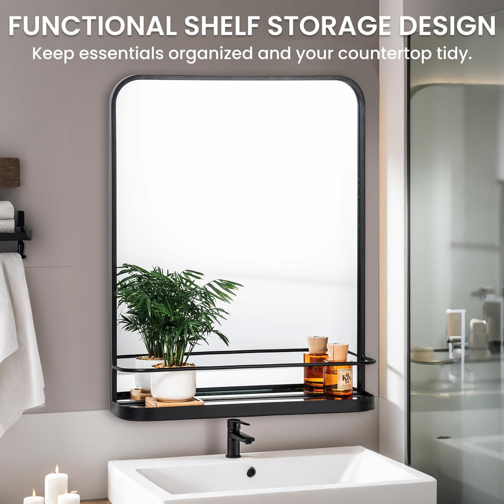 Black Bathroom Mirror with Shelf, 24"x36" Wall Mounted Vanity Mirror with Metal Frame & Rounded Corners, Storage Shelf