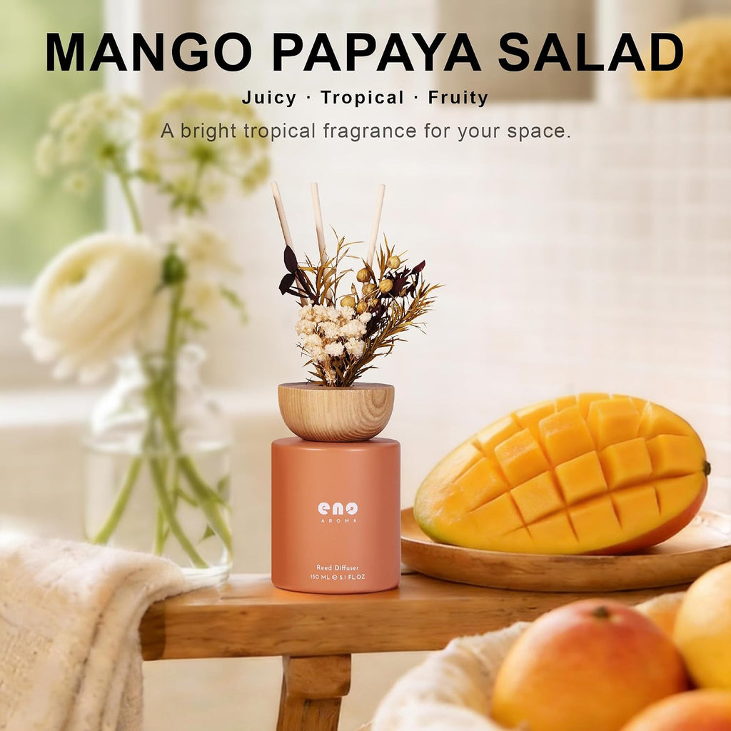 Reed Diffuser Set with Dried Flowers, 5.1 fl oz / 150ml, Mango Papaya Salad - Home Fragrance Diffuser with Sticks
