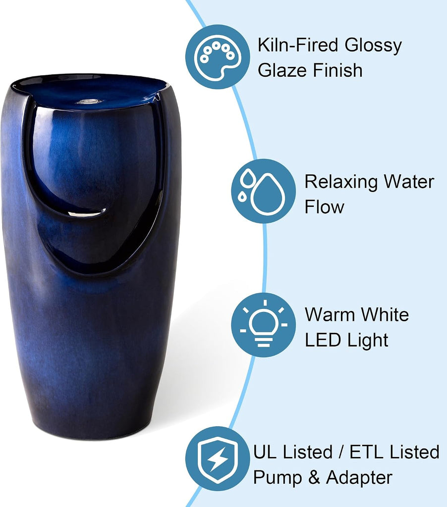 29.25" H Outdoor Water Fountain Ceramic Jar Water Fountain with LED Light and Submersible Pump Vase Freestanding