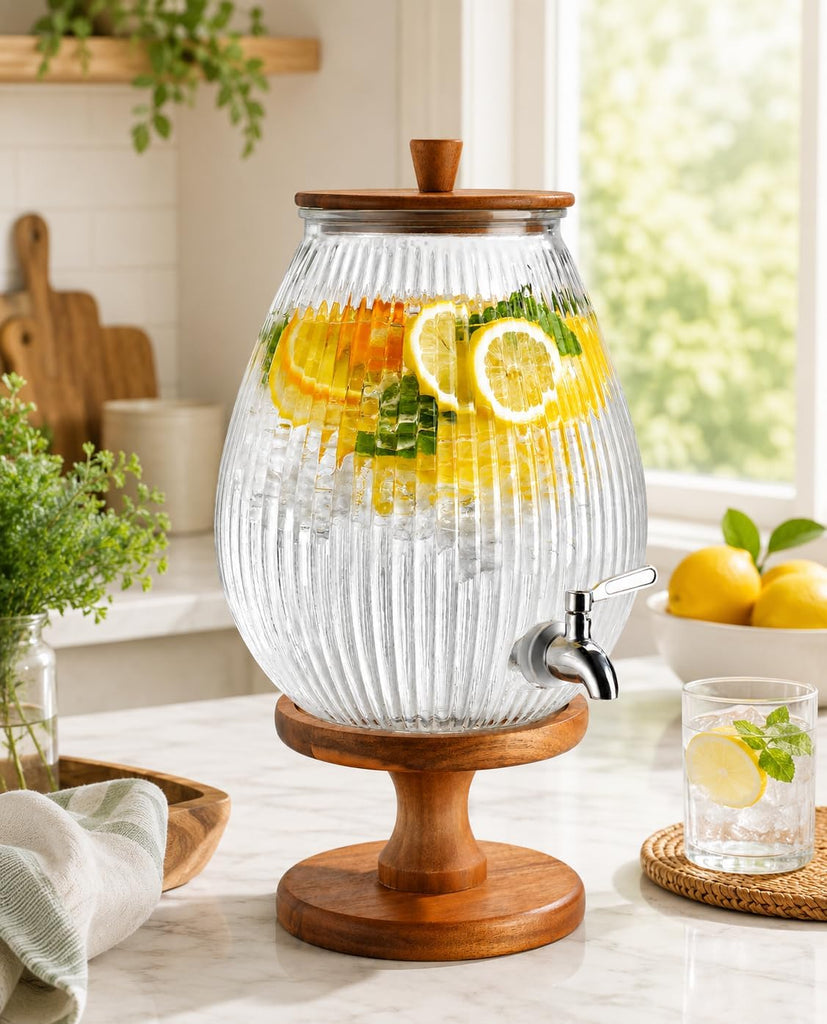 2 Gallon Drink dispenser, With Wood Stand, Large Water Drink Dispensers for Parties With Stainless Steel Spigot