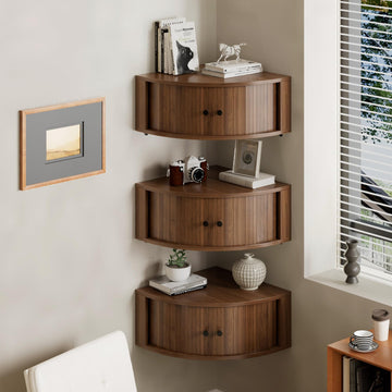 Corner Shelves Wall Cabinet Set of 3, Floating Corner Shelf Organizer with Sliding Doors, Fluted Wall Cabinet, Small