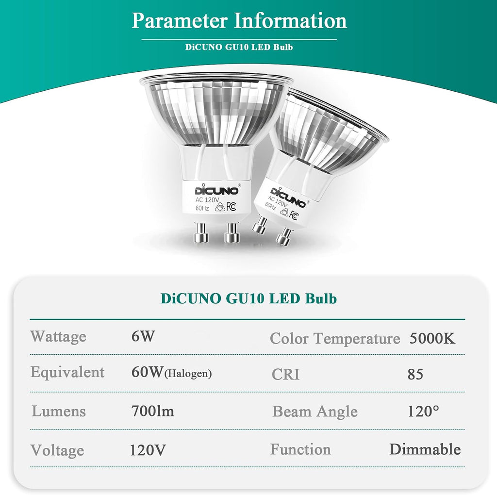 GU10 LED Bulb Dimmable, Daylight White 5000K, 60 Watt, 700LM, 6-Pack