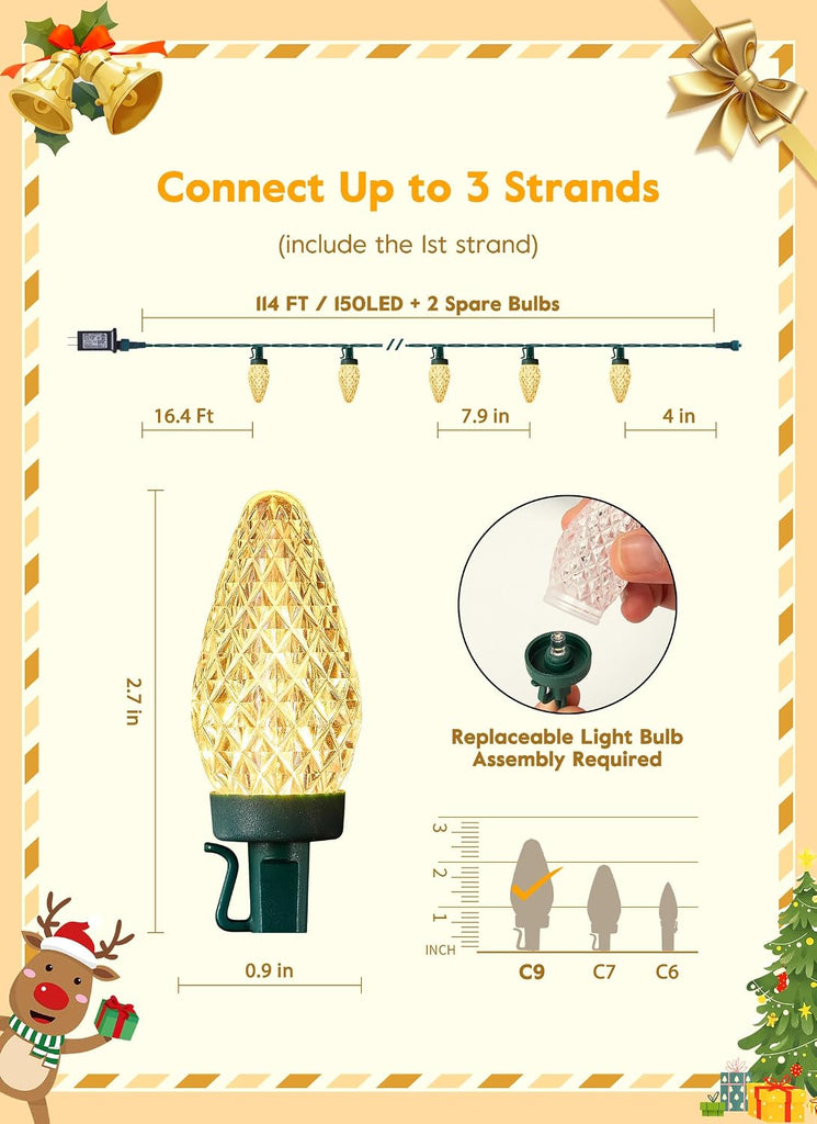 C9 Christmas Lights Outdoor, 114FT 150 LED Warm White Lights
