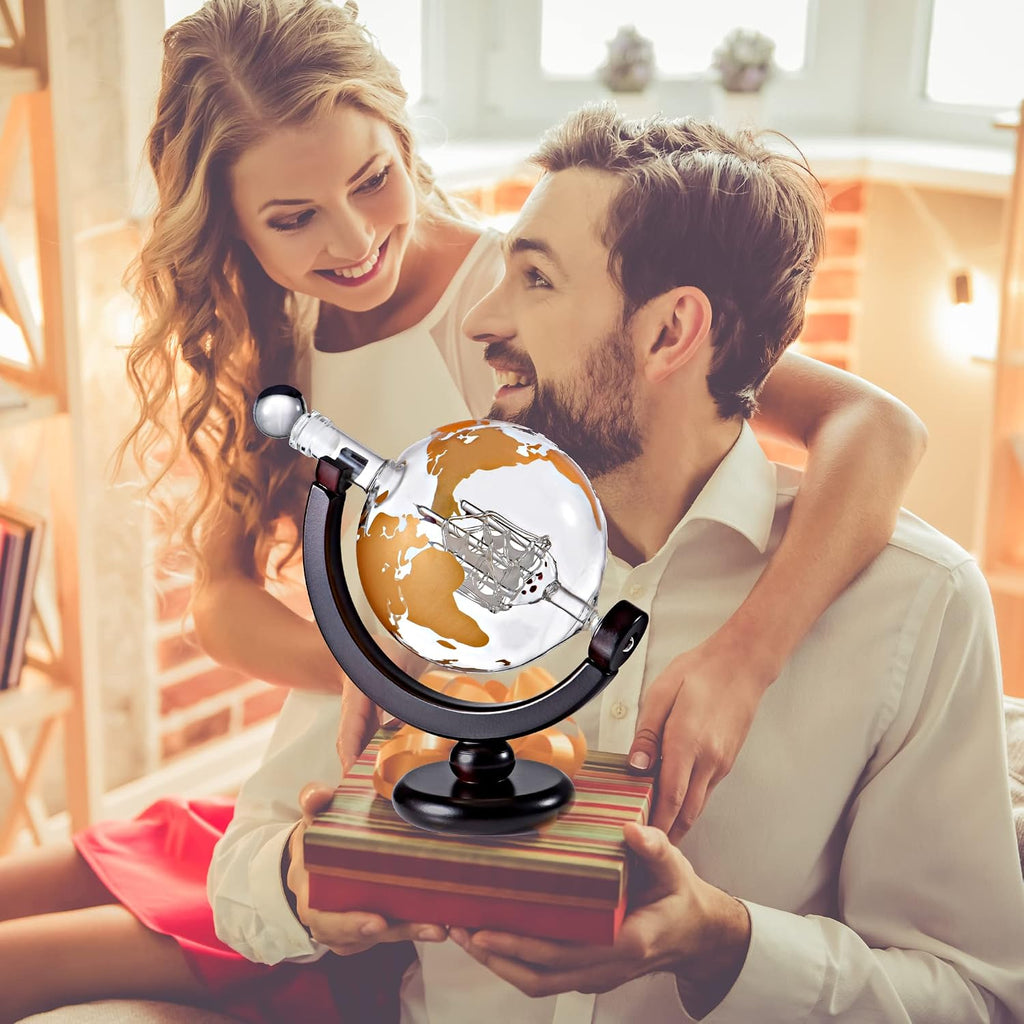 Whiskey Decanter Globe Gift Set - Rich Base Tray - Gold Whiskey Dispenser Airtight Stopper for Wine, Bourbon, Brandy