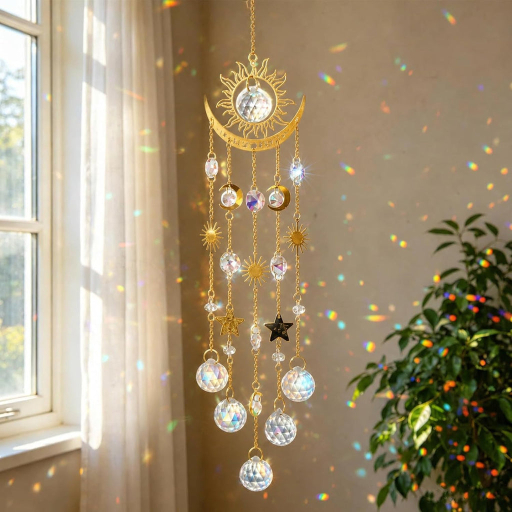 Sun and Moon Crystal Prism Suncatcher for Window Hanging - Sun Catchers Indoor Hanging Ornaments with Sun Moon Star