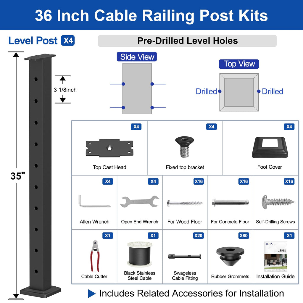 12FT-20FT Complete Set 36" Cable Railing Post Kit