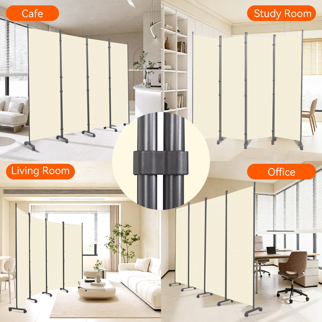 88" W 4 Panel Room Divider, Portable Privacy Screen W/Wheels Freestanding