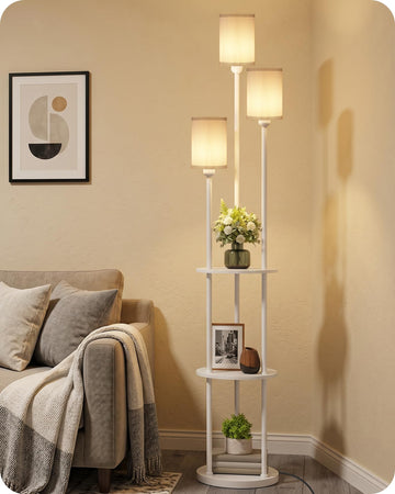 Floor Lamp with Shelves, Modern Floor Lamp with 3 Linen Shades and Foot Switch, 3-Light Standing Lamp, Study, Office
