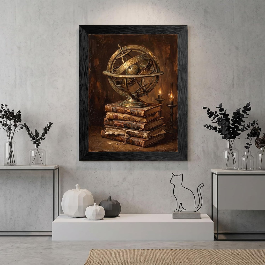 Framed Canvas Wall Art Moody Oil Armillary Sphere and Aged Books Halloween Wall Art Canvas Print Poster Black Frame