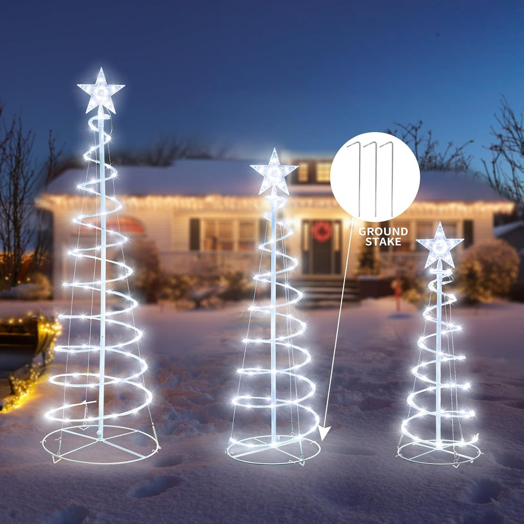 Set of 3 Christmas Spiral Tree Lights, 3/4/5 FT Holiday Decor, Cool White
