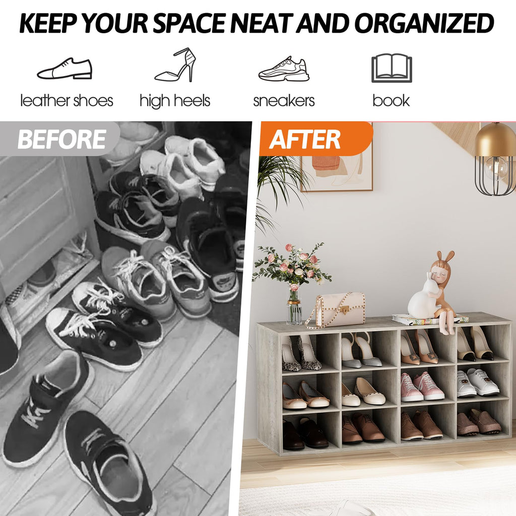 Shoe Storage Bench, Cubby Shoe Rack with 12 Cubbies, 3-Tier Wood Shoe Rack Organizer, Shoe Organizer Cabinet, Closet