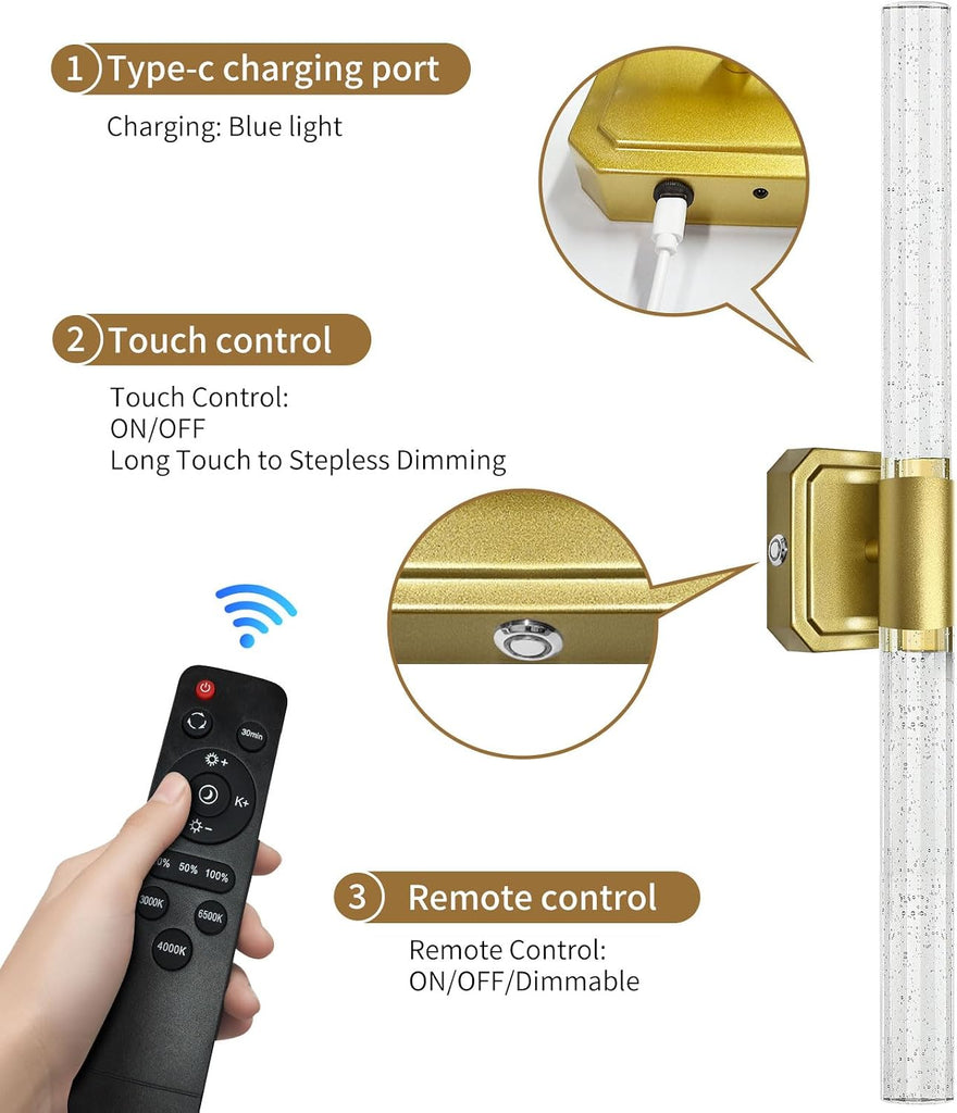 Battery Operated Wall Sconce Set of 2, 10000mah Rechargeable Gold Crystal Wall Sconce, 3 Colors 360° Rotate Wireless