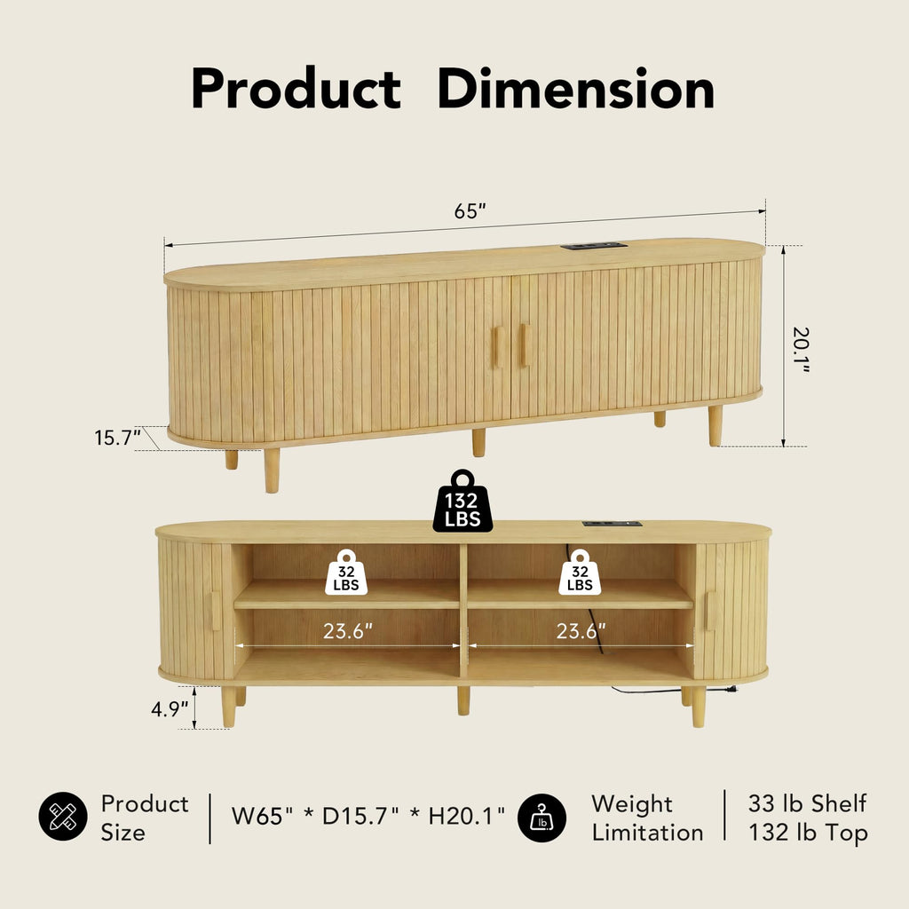65" TV Stand with Sliding Doors, Mid Century Modern Entertainment Center, TV Console with Fluted Door Cabinets and