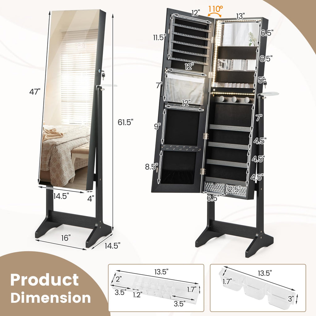 Jewelry Cabinet Armoire with Full Length Mirror, Flip-open Vanity Mirror, 3 Color LED Lights, Hair Dryer Holder