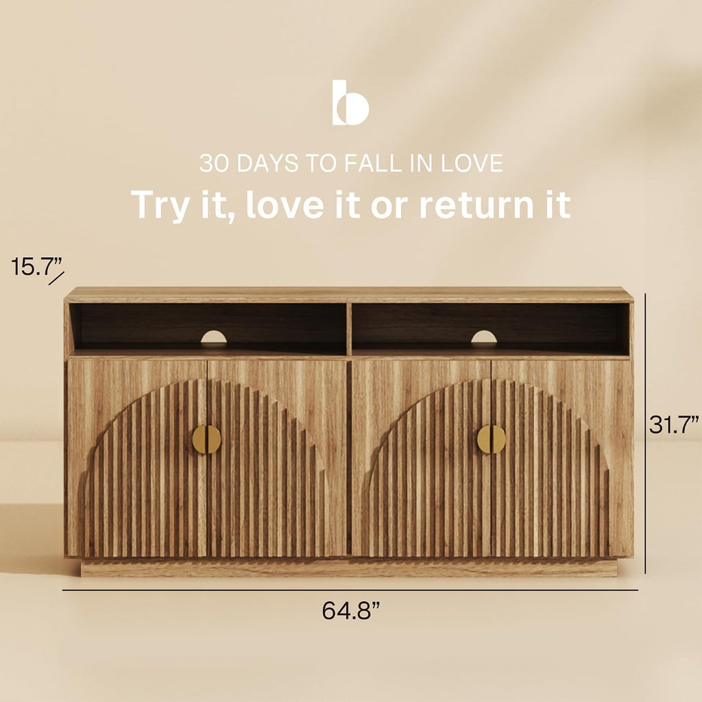 65-inch Fluted Sideboard with Open Shelf, Mid Century Modern Sideboard with Adjustable Shelves & Cable Management