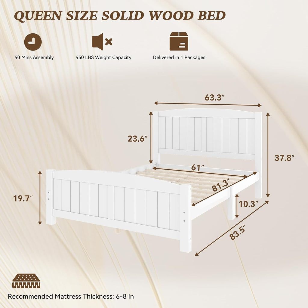 Queen Farmhouse Bed Frame with Headboard & Footboard, White Mid-Century Modern Platform Bed Queen, Vintage Solid Wood