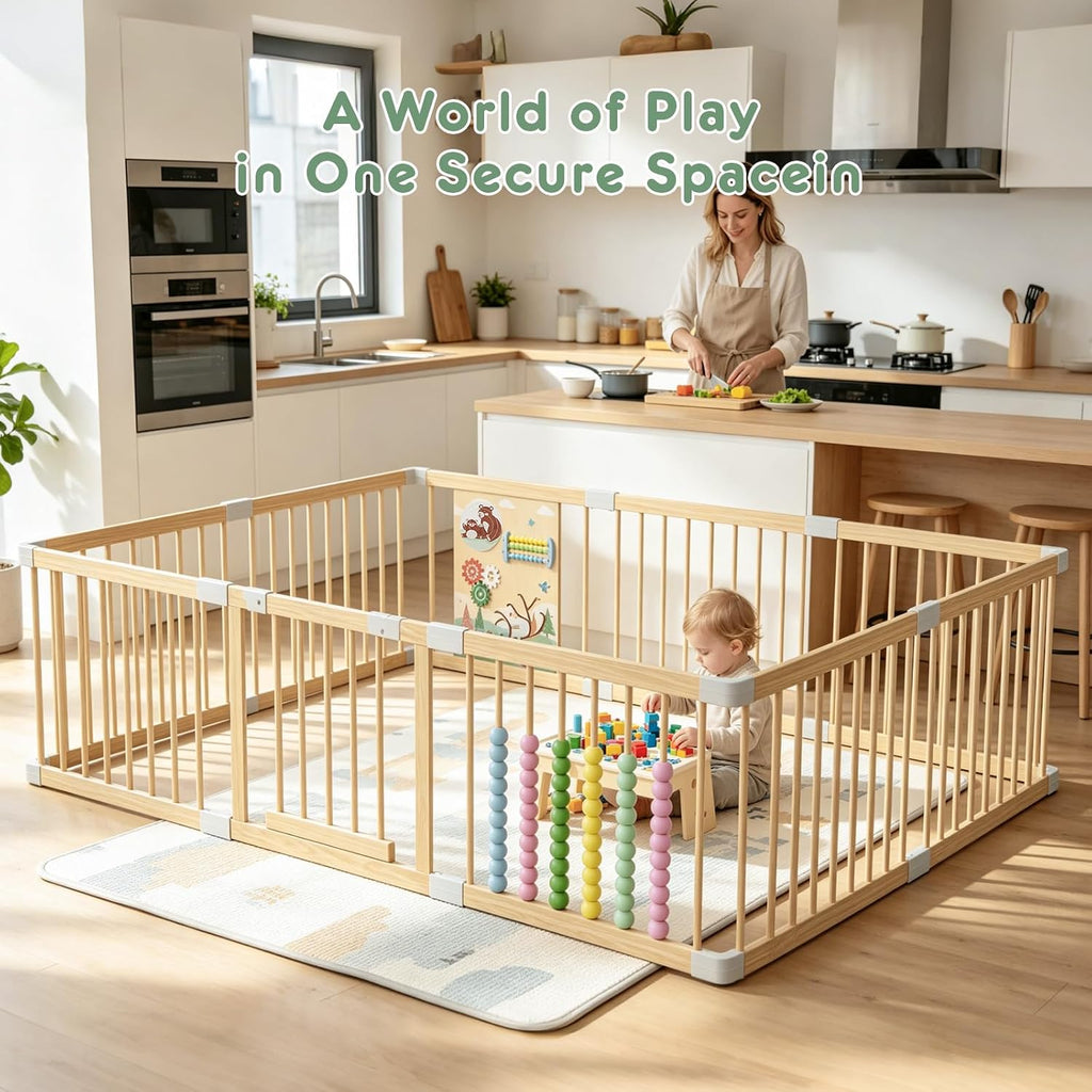 Wooden Baby Playpen, Indoor Play Yard for Toddlers, Stable Fixed 78"x53" | Play Pen for Babies and Toddlers Kids