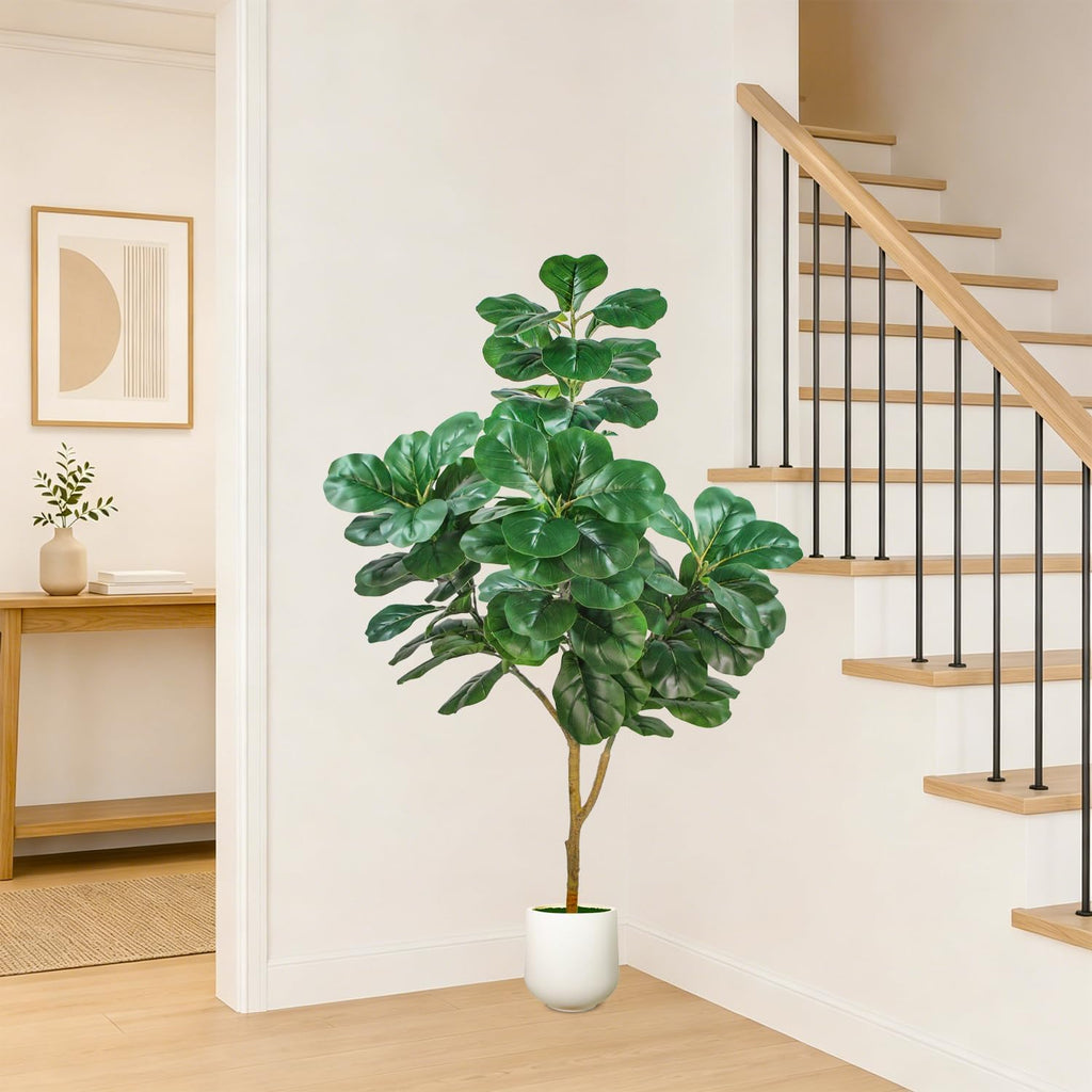 Artificial Fiddle Leaf Fig Tree, 5ft Realistic Fake Plants Faux Trees with White Planter, Artificial Plants Indoor