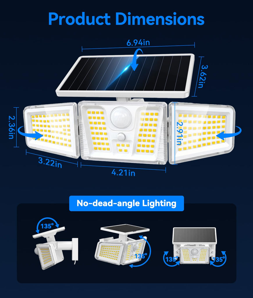 Solar Flood Lights, 210 LED Motion Sensor Outdoor Lights, Solar Motion Lights Outdoor Waterproof, 3 Heads 300° Wide