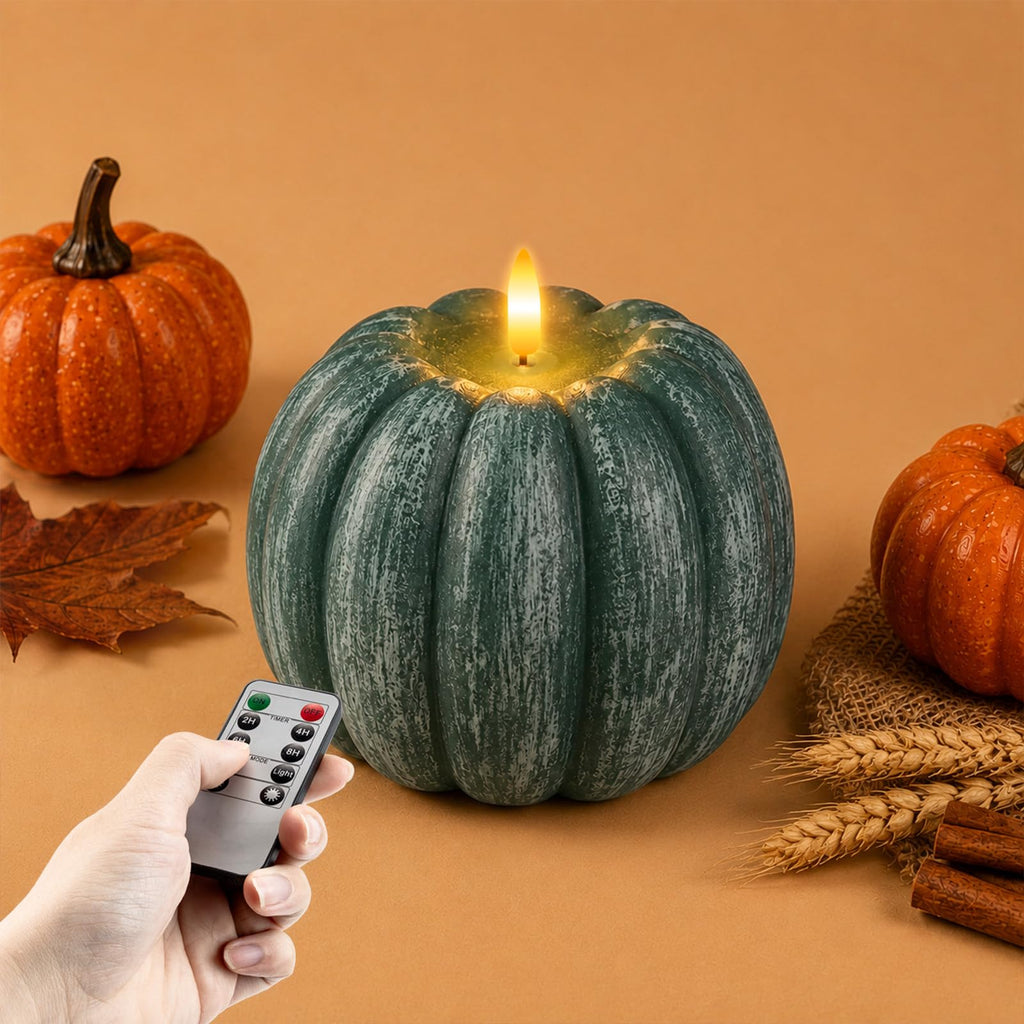 Flameless Wax Pumpkin Candle Flickering with Remote for Fall Decor