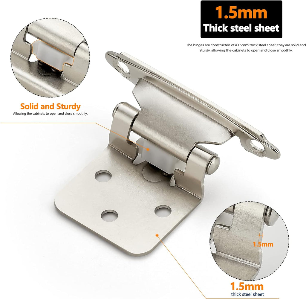 50 Pack 25 Pairs 1/2 Inch Overlay Cabinet Door Hinges Kitchen Satin Nickel Semi-Concealed Face Mount Self-Closing